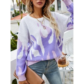 Contrast Color Long Sleeve O-neck Loose Knitted Sweater