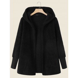 Solid Plush Long Sleeve Hooded Coat For Women