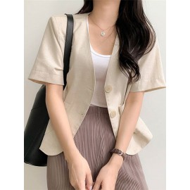 Solid Button Front Pocket Short Sleeve Lapel Blazer