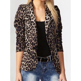 Leopard Print Long Sleeves Button Lapel Jacket Suit with Shoulder Pad