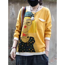 Cartoon Retro Printed O-neck Long Sleeve Sweater