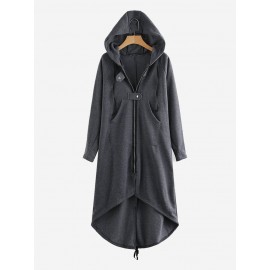 Women Zipper Long Sleeve Irregular Hem Hooded Coat