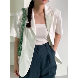 Solid Button Front Lapel Short Sleeve Casual Blazer