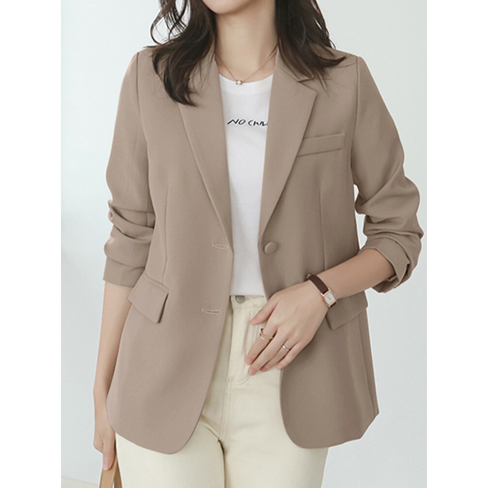 Women Solid Long Sleeve Button Front Lapel Blazer Women Solid Long Sleeve Button Front Lapel Blazer
